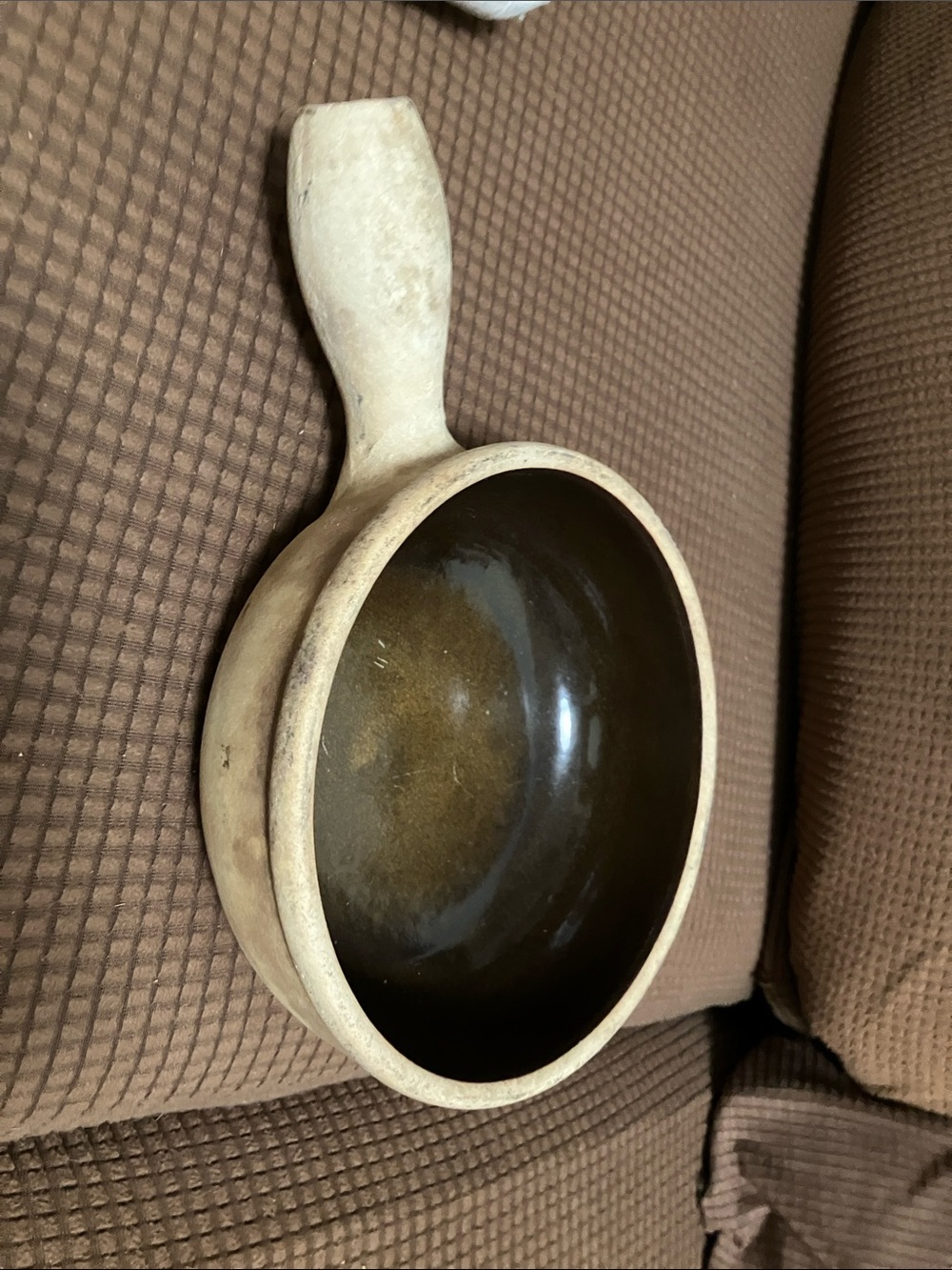 Cream Ceramic Handled Serving Bowl with Dark Brown Interior